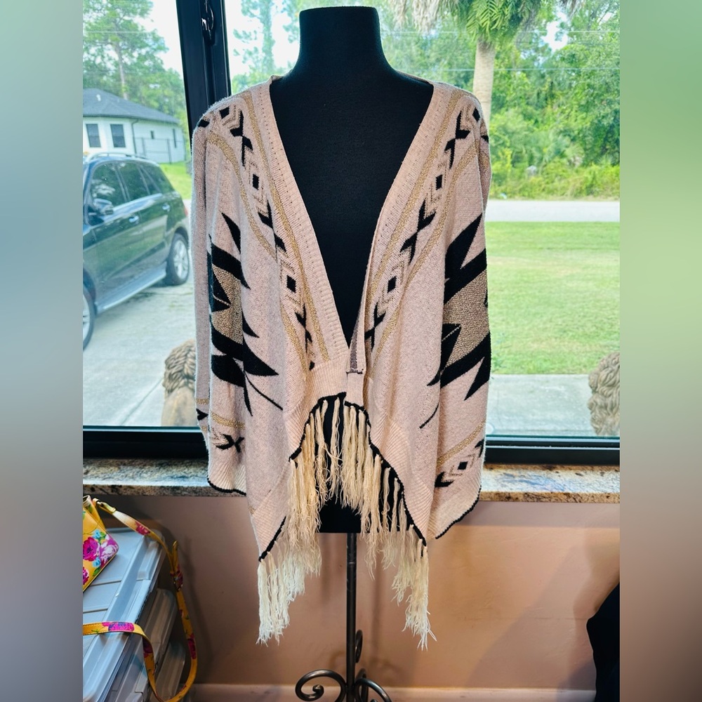 Tea n Cup Cream and Black Geometric Fringe Poncho Boho Size OSFA